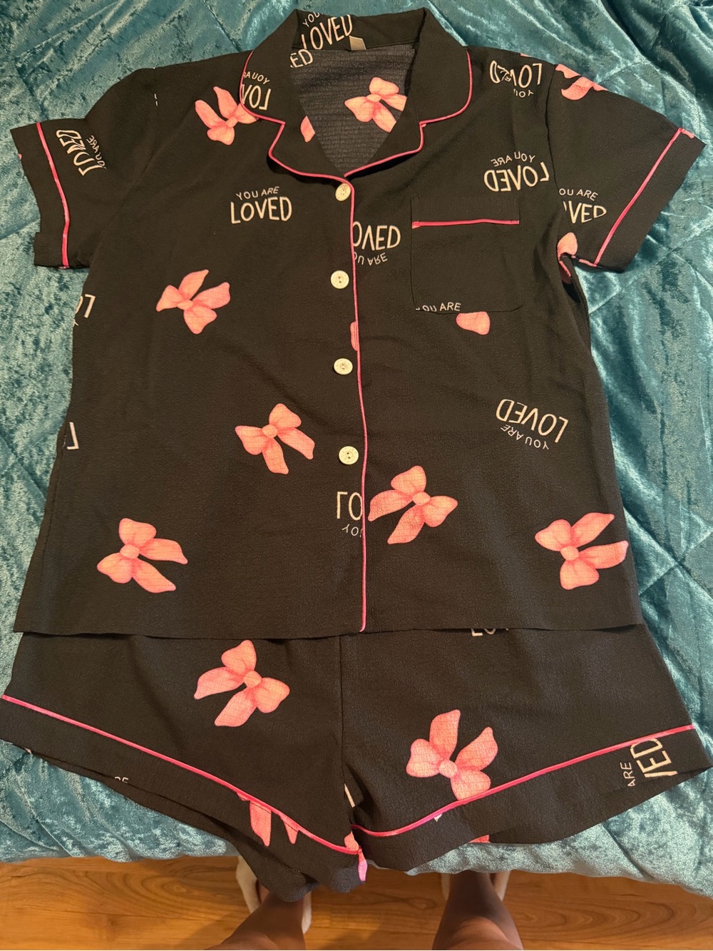 Women’s Black & Pink Breast Cancer Awareness Pajama Set with Pink Bows